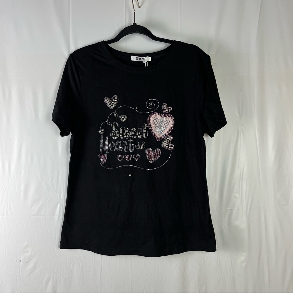 Women's Rhinestone Fitted short sleeve stretch black blouse size large - Picture 11 of 11